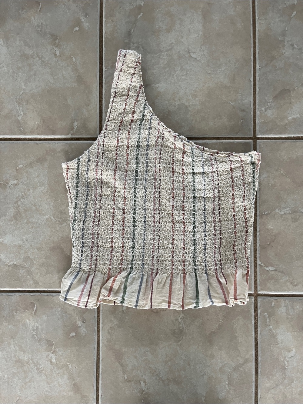 One-Shoulder Smocked Stripe Crop Top - Cream Multi